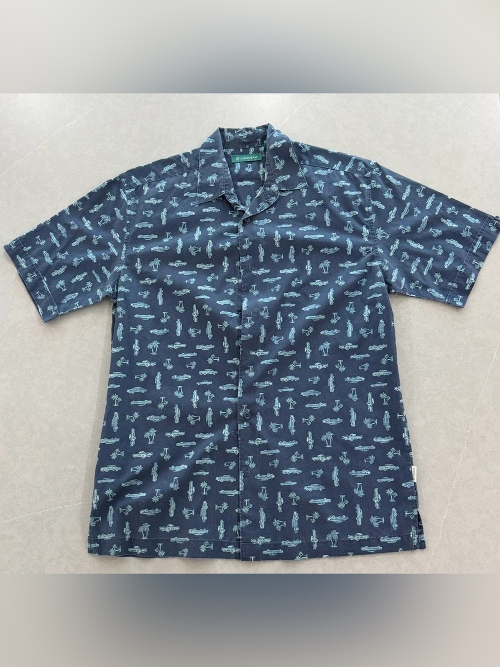 Cubavera Navy Blue Short-Sleeve Button-Down with Teal Print